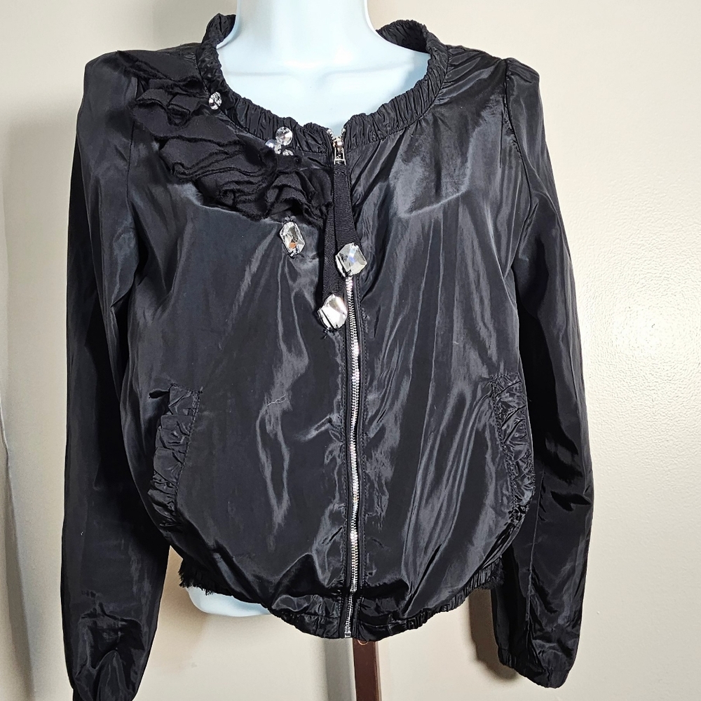 Just Cavalli Satin Cropped Embellished Bomber Jacket Goth Glam Runs Small